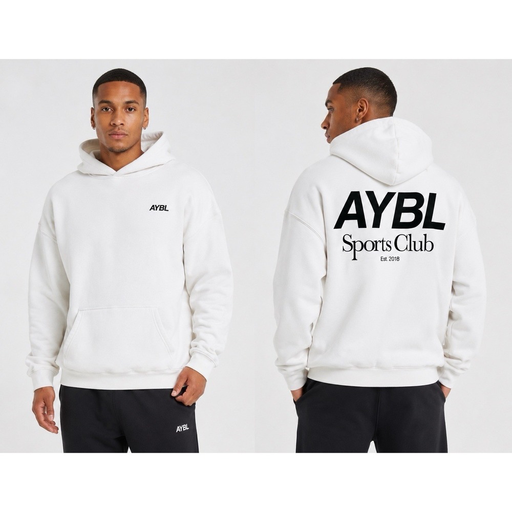 AYBL Sports Club Hoodie XL White Oversized Fleece Lined Pullover Sweatshirt